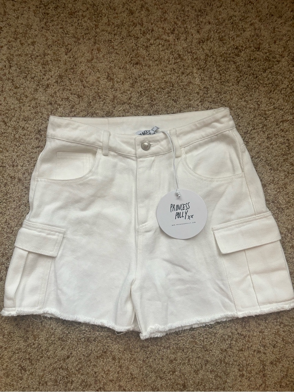 Princess Polly Cream Cargo Denim Shorts with Frayed Hem